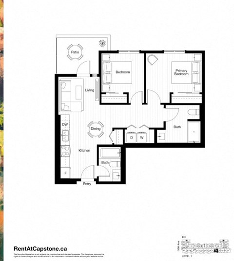 Floor plan for 2 beds, 2 baths, 815 sqft